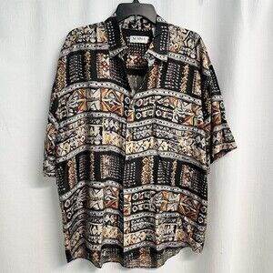 Summa Silk Mens 100% Silk Batik Print Camp Hawaiian Shirt Large Retro